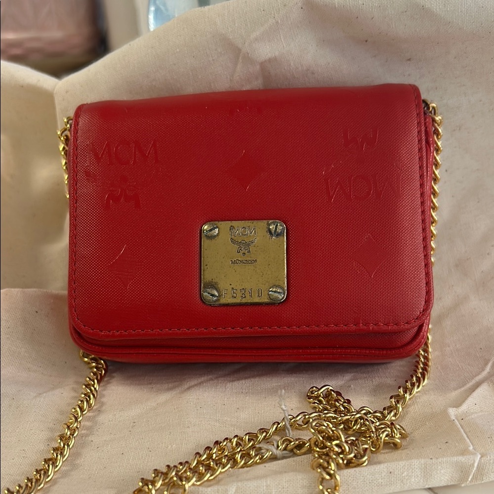 MCM Red Gold Crossbody Bag with Chain Strap